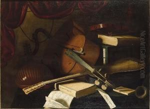 A Lute, Cello, Violin, Guitar, Musical Manuscript And Books On A Draped Table by Bartolomeo Bettera