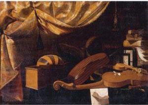 Still Life Of Musical Instruments And Books All Resting On A Table by Bartolomeo Bettera