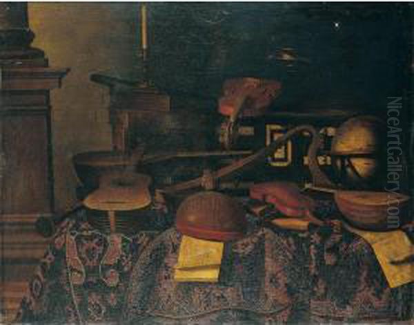 A Still Life Of Musical
Instruments With Lutes, Violins, A Guitar, A Harp, Musical Scores, A
Celestial Globe, Books, A Candle, And Other Objects, All Laid Out On A
Table Draped With A Carpet by Bartolomeo Bettera