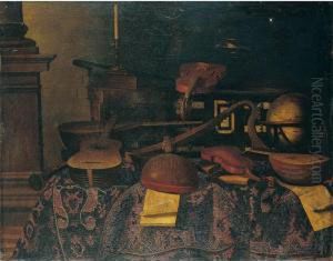 A Still Life Of Musical
Instruments With Lutes, Violins, A Guitar, A Harp, Musical Scores, A
Celestial Globe, Books, A Candle, And Other Objects, All Laid Out On A
Table Draped With A Carpet A Still Life Of Musical
Instruments With Lutes, Violins, A Guitar, A Harp, Musical Scores, A
Celestial Globe, Books, A Candle, And Other Objects, All Laid Out On A
Table Draped With A Carpet