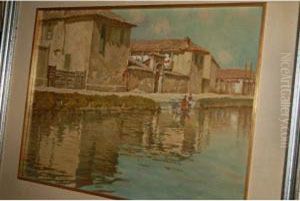 Continental River Scene With Figures Before Buildings by Mario Giuseppe Bettinelli