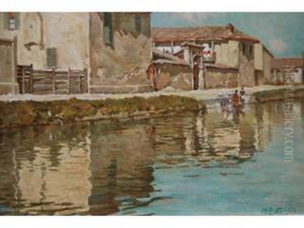 Continental River Scene With Figures Before Buildings - view 1