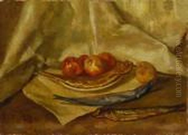 "natura Morta Con Frutta E Aringhe" Olio Su Cartone Pressato Firmato In Basso A Destra - view 1