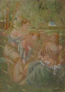 "mamma Con Bambini In Un Parco" Olio Su Masonite Firmato In Basso A Destra by Mario Giuseppe Bettinelli