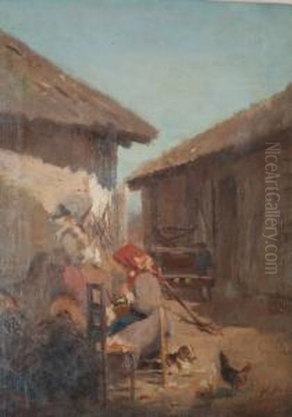 "contadine Nell'aia " Olio Su Tela - view 1
