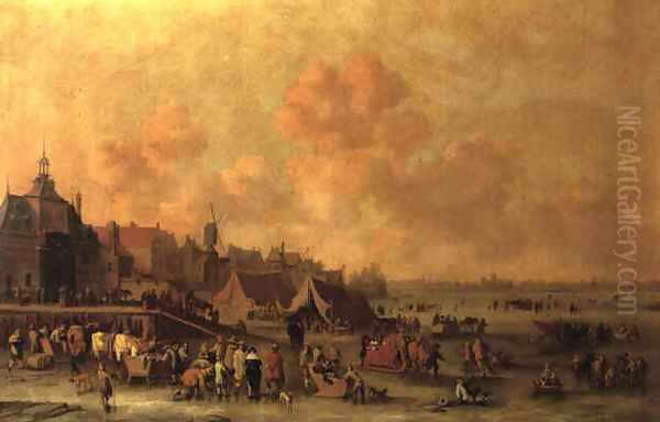 Winter landscape with figures skating on a frozen Dutch river by Cornelis Beelt