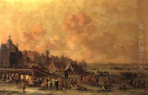 Winter landscape with figures skating on a frozen Dutch river by Cornelis Beelt