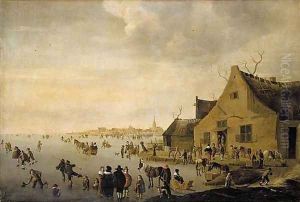 Skaters on a frozen lake at the edge of a town 1653