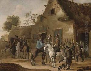 A hawking party at rest by an inn by Cornelis Beelt