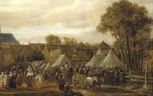 A horse fair, said to be Valkenburg, with figures in wagons and on horseback by booths outside the town walls by Cornelis Beelt