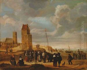 A view of Egmond-aan-Zee with fisherfolkthe beach by Cornelis Beelt