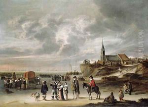 Elegant company on the beach ar Egmond aan Zee, a naval battle beyond