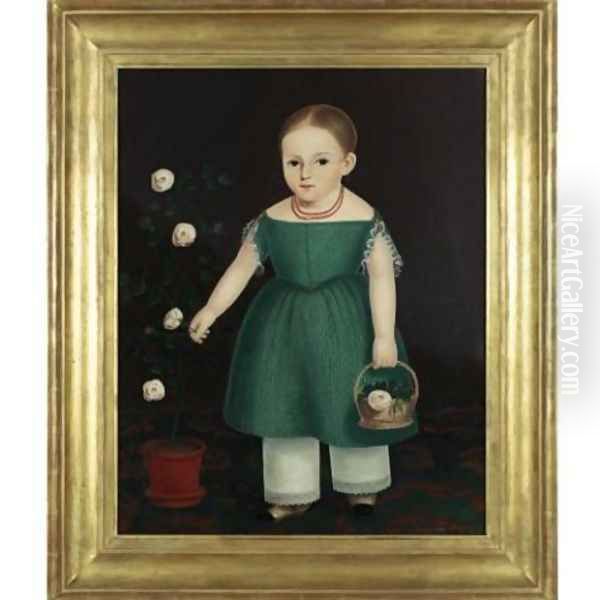 Portrait of a young girl in green dress with pot of flowers 1825 - view 1