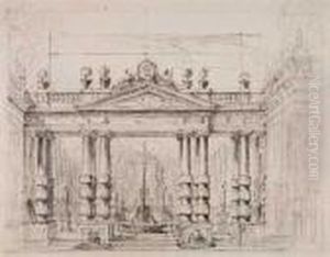 A Stage Design With A Fountain Seen Through A Portico by Ferdinando Galli Bibiena
