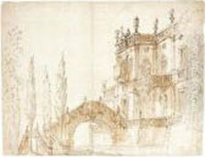View Of A Fantastical Villa With A Moat And Hump-back Bridge by Ferdinando Galli Bibiena