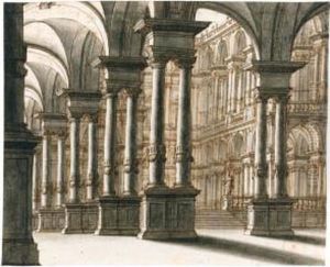 Architectural Fantasy Of A Palace Courtyard by Ferdinando Galli Bibiena