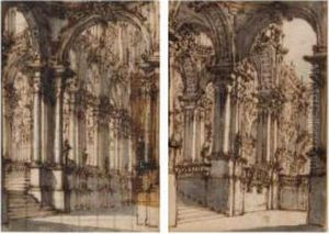 Pair Of Fantastical Views Of Arched Cloisters