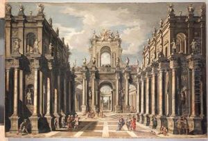 An Architectual Fantasy With 
Classical Figures Conversing Andcontemporary Spectators Above