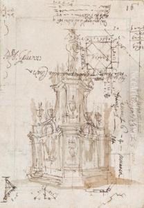 An Architectural Structure With A Statue by Giuseppe Galli Bibiena