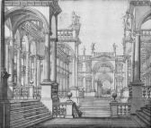 The Courtyard Of A Palace With Porticos Surmounted By Statues:design For The Stage by Giuseppe Galli Bibiena