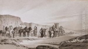 Orientalische Karawane Vor Der Stadtmauer.