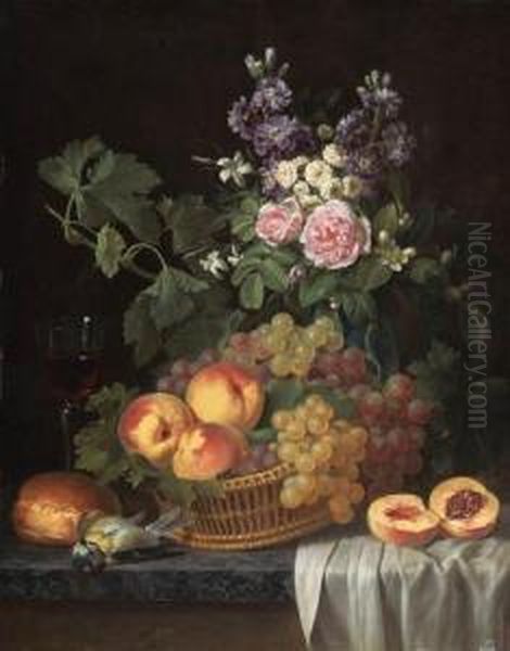 Roses, Stocks, Jasmine And Other
 Flowers In A Vase, With Peachesand Grapes In A Basket, A Glass Of Wine,
 A Blue Tit, A Bread Rolland A Peach On A Partly Draped Marble Ledge - view 1