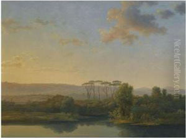 An Italianate River Landscape At Sunset - view 1