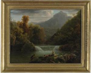 Peasants Resting By A River With A Waterfall