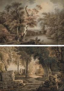 Des Personnages Devant Une
Eglise Entouree D'arbres, Des Ruines Au Premier Plan; Et Un Pecheur Dans
Une Barque, Des Femmes Au Bord De L'eau Dans Un Paysage Arbore by Jean-Joseph-Xavier Bidauld