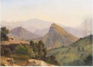 An Italianate Landscape With A Farmhouse, Mountains Beyond by Jean-Joseph-Xavier Bidauld