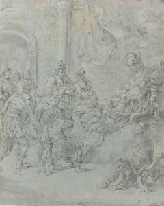 Soldiers entreating an oriental ruler by Leonaert Bramer