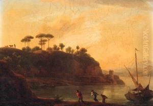 Fishermen Towing A Boat On The River Tiber At Sunset by Jean-Joseph-Xavier Bidauld