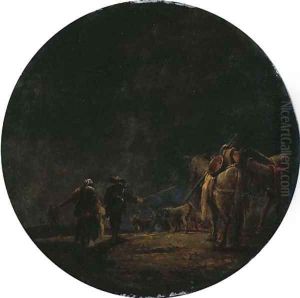 A moonlit landscape with travellers leading their pack mules, a resting goat herd beyond by Leonaert Bramer