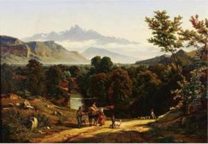 Travelers In A Valley by Johann Jakob Biedermann