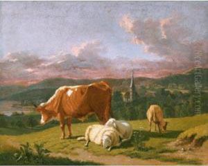 Schafe Und Kuh Auf Der Weide by Johann Jakob Biedermann