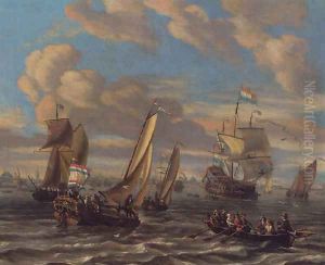 Shipping on the IJ off Amsterdam with a bezan yacht, a Dutch man-o'-war, a wherry and other shipping by Johannes de Blaauw