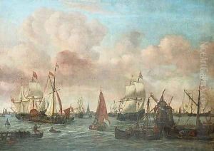 Dutch shipping off a coastal town by Johannes de Blaauw