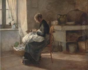 Woman Sewing In An Interior by Marie-Gabriel Biessy