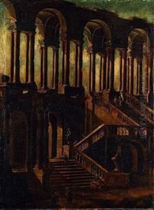 Colonnade Et Escalier Anime De Personnages Dans Un Palais Classique