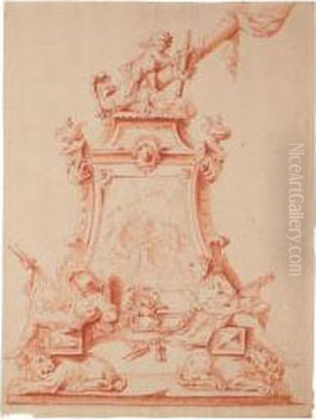 Studio Di Oggetto Decorativo 
Sorretto Da Due Leoni Con Prigioni E Raffigurazione Al Centro Della 
Fucina Di Vulcano - view 1
