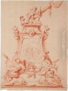 Studio Di Oggetto Decorativo 
Sorretto Da Due Leoni Con Prigioni E Raffigurazione Al Centro Della 
Fucina Di Vulcano