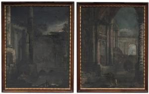 Lotto Unico Di Due Dipinti: <notturno Con Rovine Su Fiume> Lotto Unico Di Due Dipinti: <notturno Con Rovine Su Fiume>