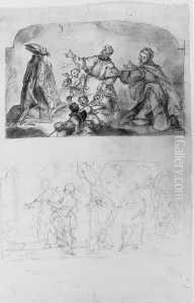 Die Madonna, Ein Bischof Und Ein
 Ordensheiliger In Anbetender Pose, Von Putten Mit Ihren Attributen 
Umgeben. Darunter: Maria Heimsuchung (rotel). - view 1