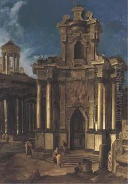 A Capriccio Of A Baroque Church And Antique Ruins Withfigures - view 1