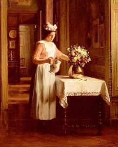 A Maid Watering Flowers by Franck Antoine Bail