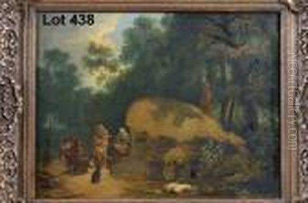 Study Of A Familyseated Outside A Thatched Country Cottage - view 1