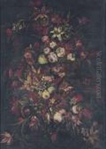 Tulips And Roses In A Basket And A Spray Of Flowers On A Ledge by Felice Fortunato Biggi Dei Fiori