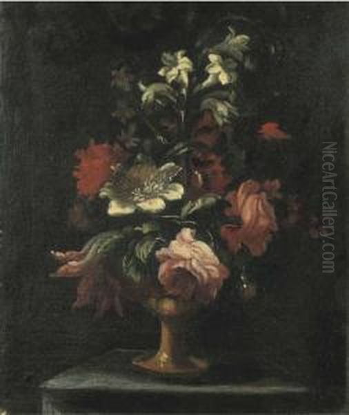 Ranuncoli, Garofani, Peonie Ed
Altri Fiori In Un Vaso Vaso Dimetallo Su Un Piedistallo; E Rose,
Garofano Ed Altri Fiori In Unvaso Di Metallo Su Un Piano Di Pietra - view 1