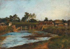 Village Japonnais Au Bord De La Riviere by Georges Ferdinand Bigot