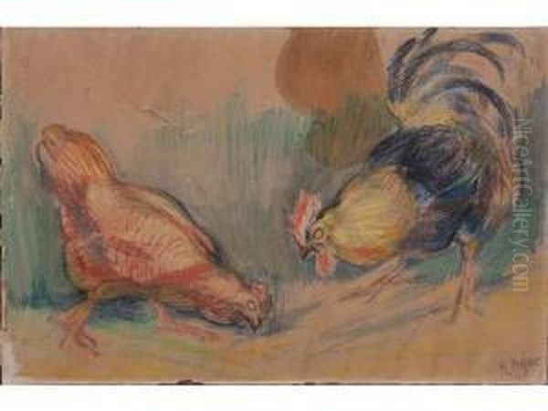 Coq Et Poule Picorant - view 1